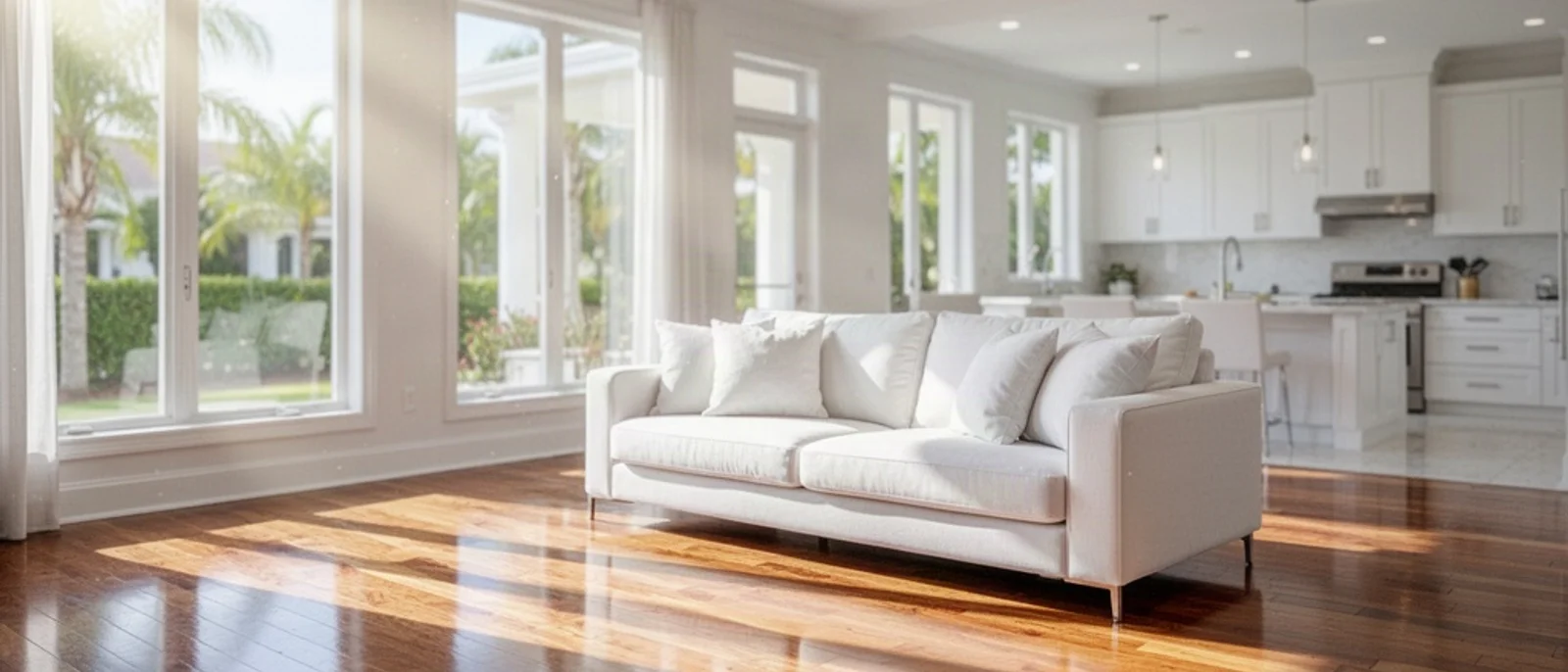 Photorealistic wide banner of a bright, airy modern living room in a Gainesville Florida home, sunbeams streaming through large windows, spotless hardwood floors with soft reflections, a clean white s