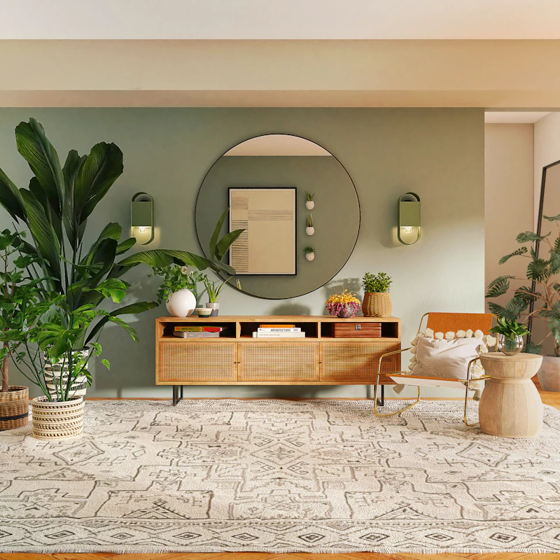 Modern air purifier in a stylish living room with plants